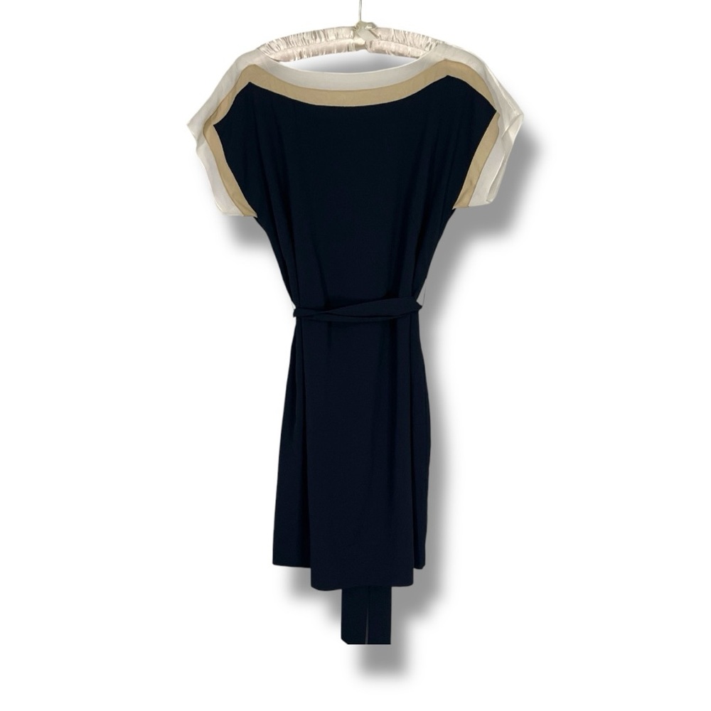 Ann Taylor Blue Dress Tie Waist Shift Chiffon Boatneck Short Sleeve Modest Sz 6
